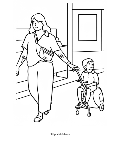 The same scene as a clean coloring page — line drawing of mom and son, captioned 'Trip with Mama.'
